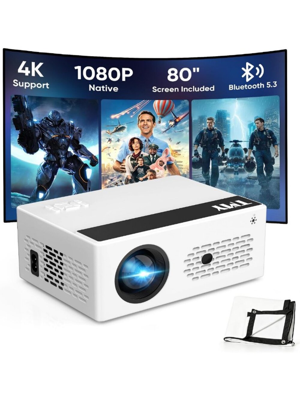 1080P Mini Portable Projector with 2-Way Bluetooth & 80-Inch Screen - Perfect